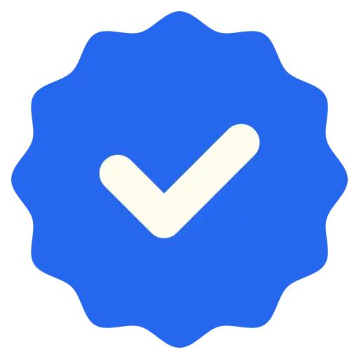 a white checkmark in a blue coloured shape